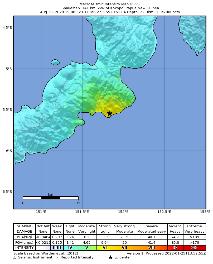 USGS ShakeMap intensity contours for the M6.2 earthquake near 141 km SSW of Kokopo, Papua New Guinea