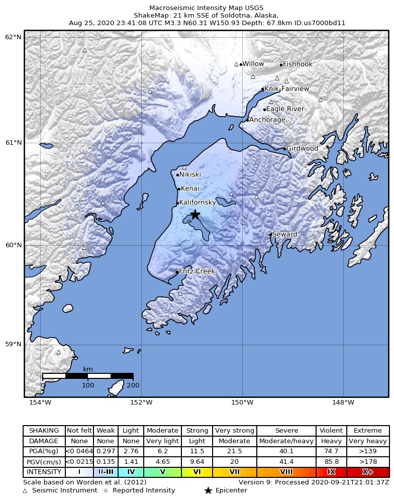 USGS ShakeMap intensity contours for the M3.1 earthquake near 20 km ESE of Kasilof, Alaska