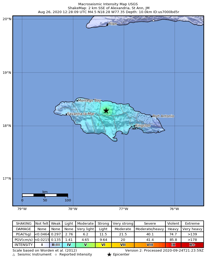 USGS ShakeMap intensity contours for the M4.5 earthquake near Jamaica region