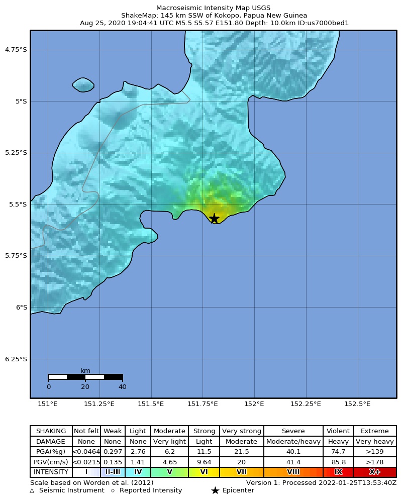 USGS ShakeMap intensity contours for the M5.5 earthquake near 145 km SSW of Kokopo, Papua New Guinea