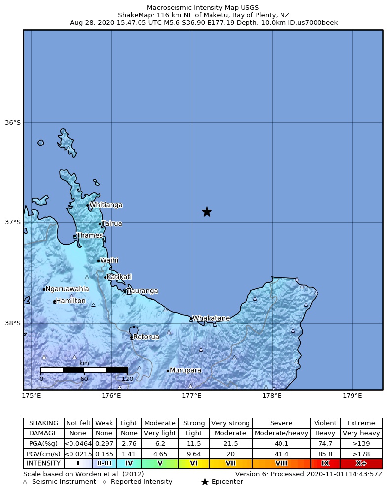 USGS ShakeMap intensity contours for the M5.6 earthquake near 116 km NE of Maketu, New Zealand