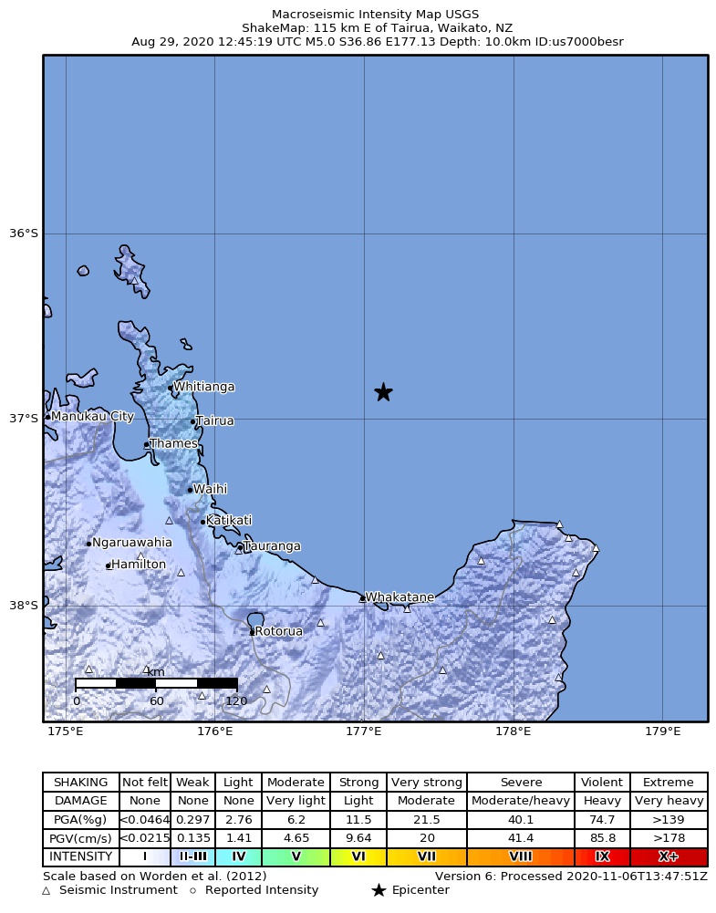 USGS ShakeMap intensity contours for the M5.0 earthquake near 115 km E of Tairua, New Zealand