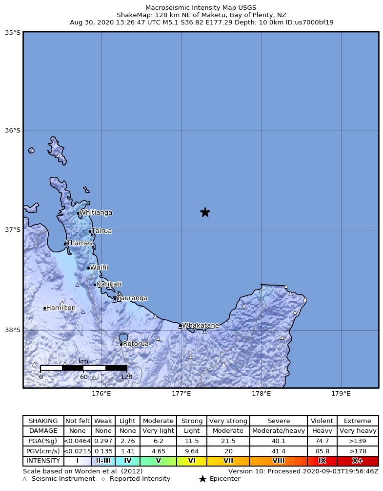 USGS ShakeMap intensity contours for the M5.1 earthquake near 128 km NE of Maketu, New Zealand