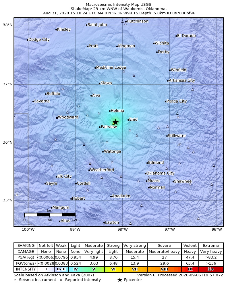 USGS ShakeMap: estimated shaking intensity around the epicenter