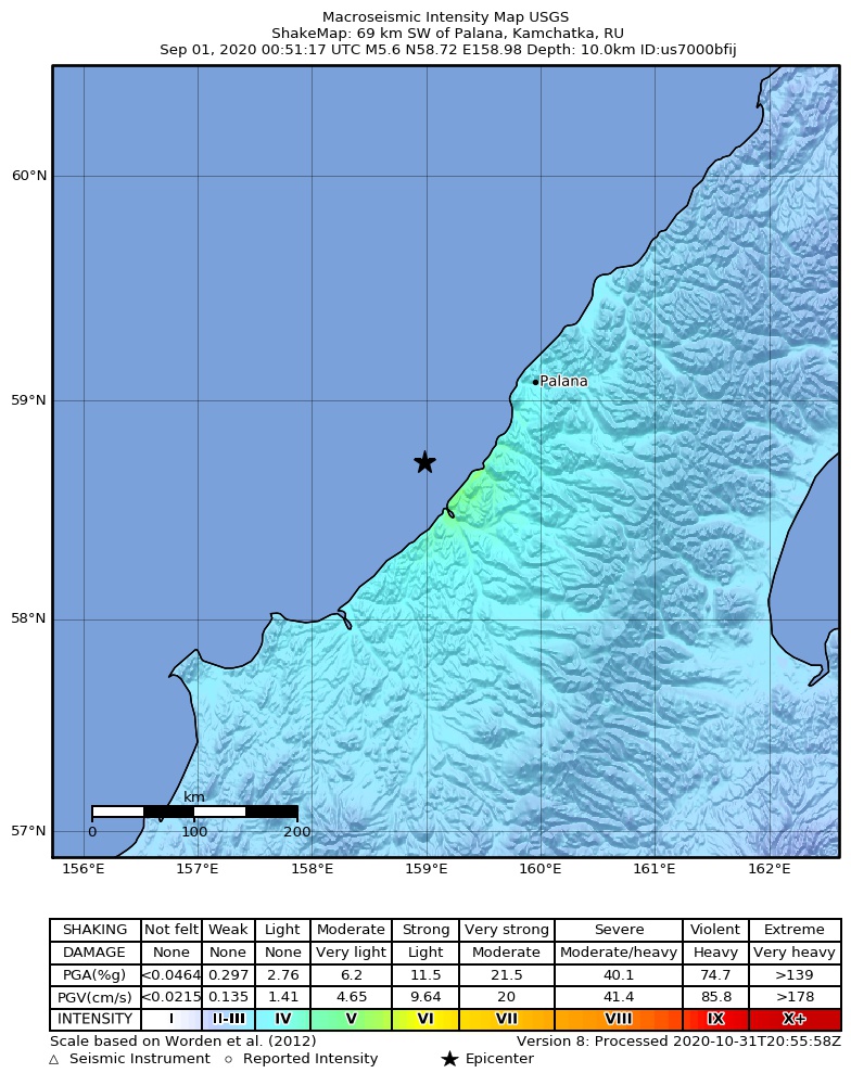 USGS ShakeMap intensity contours for the M5.6 earthquake near 69 km SW of Palana, Russia