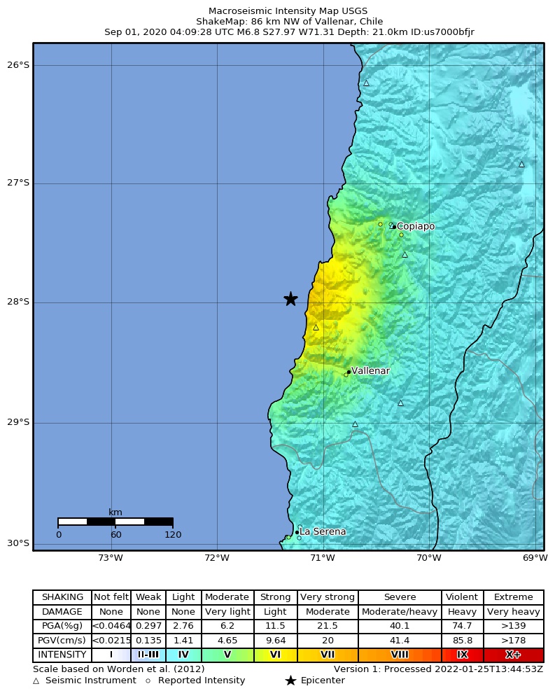 USGS ShakeMap: estimated shaking intensity around the epicenter