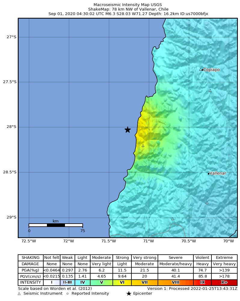 USGS ShakeMap: estimated shaking intensity around the epicenter