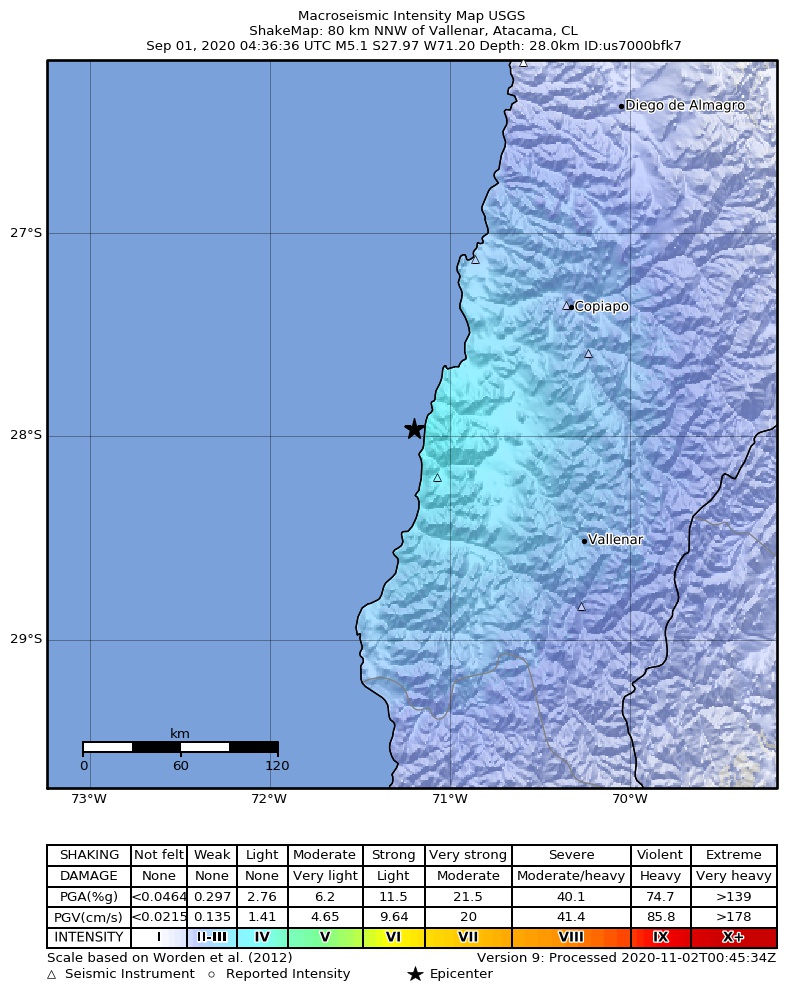 USGS ShakeMap: estimated shaking intensity around the epicenter