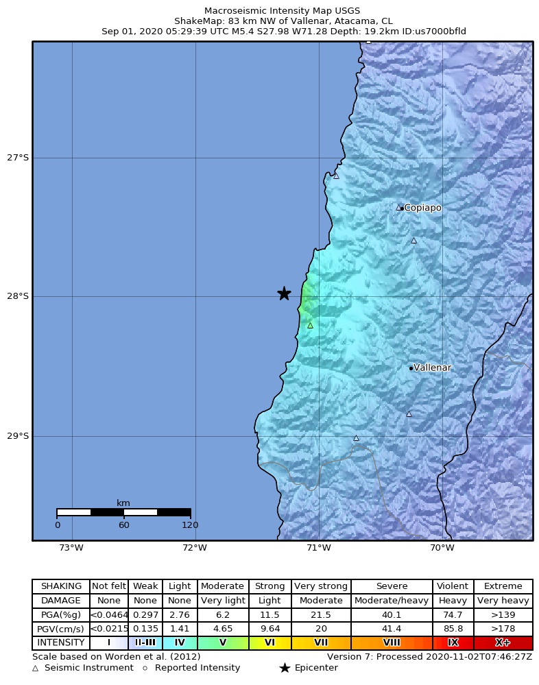 USGS ShakeMap: estimated shaking intensity around the epicenter