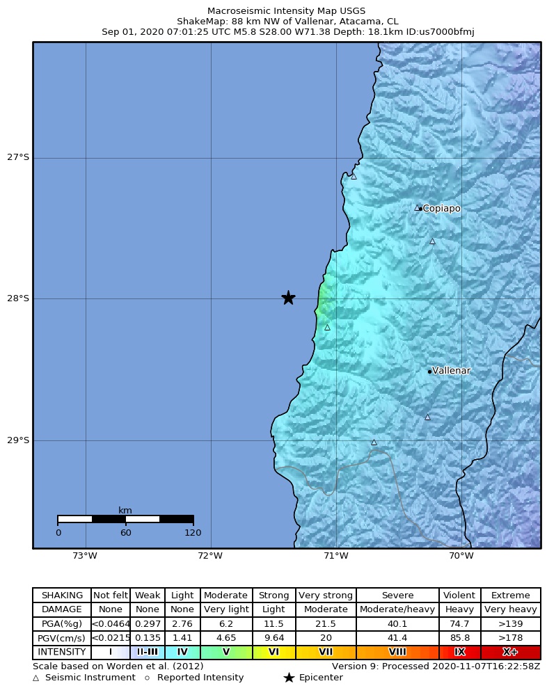 USGS ShakeMap: estimated shaking intensity around the epicenter