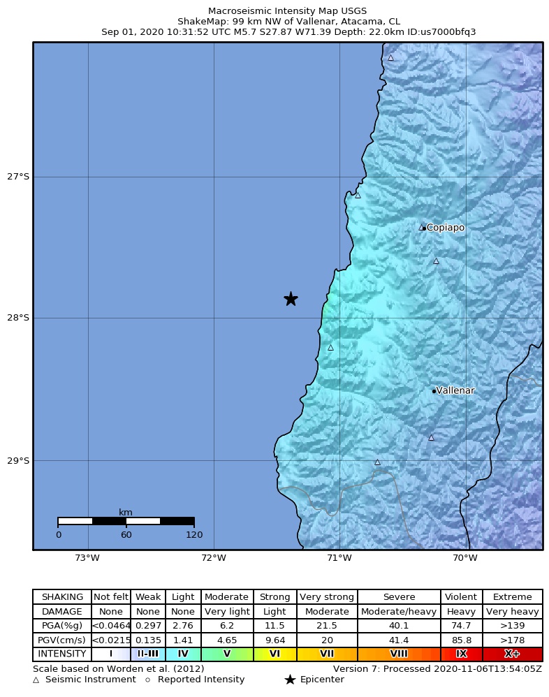 USGS ShakeMap: estimated shaking intensity around the epicenter