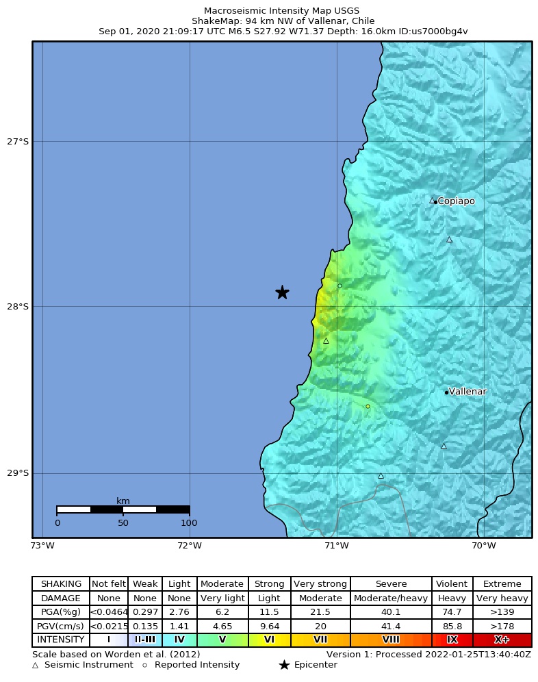 USGS ShakeMap: estimated shaking intensity around the epicenter