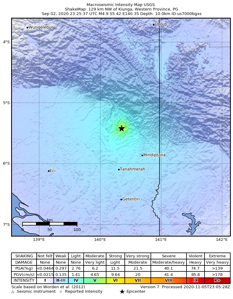 USGS ShakeMap intensity contours for the M4.9 earthquake near 129 km NW of Kiunga, Papua New Guinea