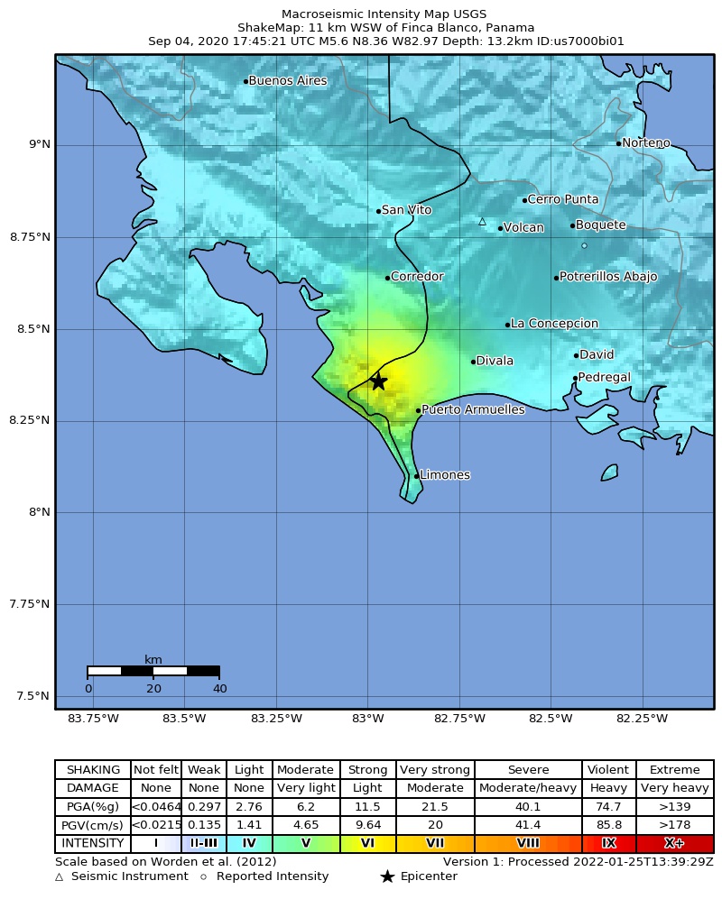 USGS ShakeMap intensity contours for the M5.6 earthquake near 11 km WSW of Finca Blanco, Panama