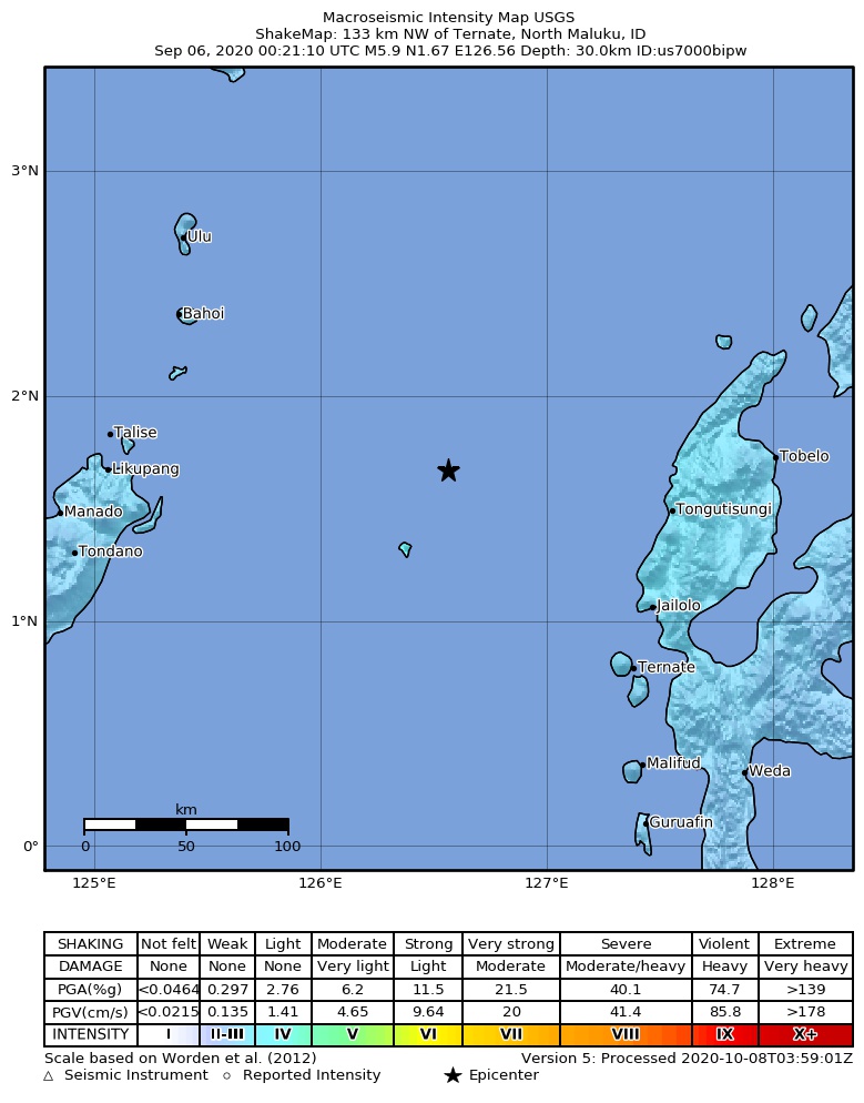USGS ShakeMap intensity contours for the M5.9 earthquake near 133 km NW of Ternate, Indonesia