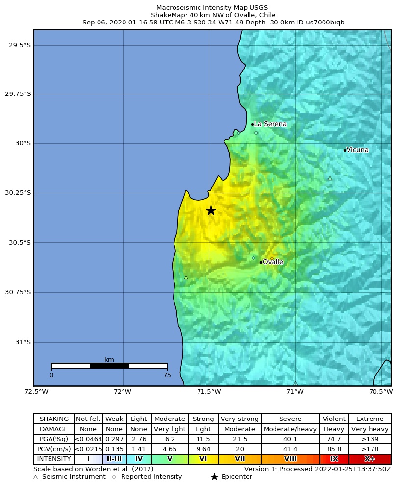 USGS ShakeMap intensity contours for the M6.3 earthquake near 40 km NW of Ovalle, Chile