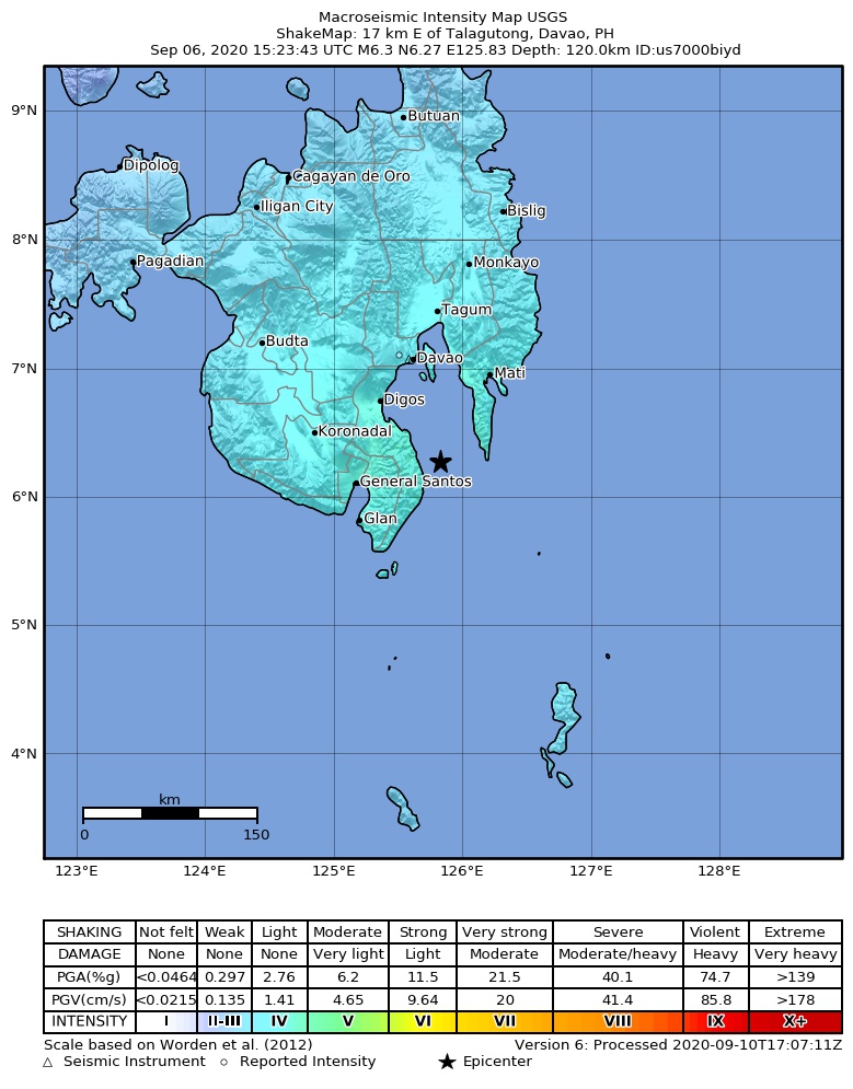 USGS ShakeMap intensity contours for the M6.3 earthquake near 17 km E of Talagutong, Philippines