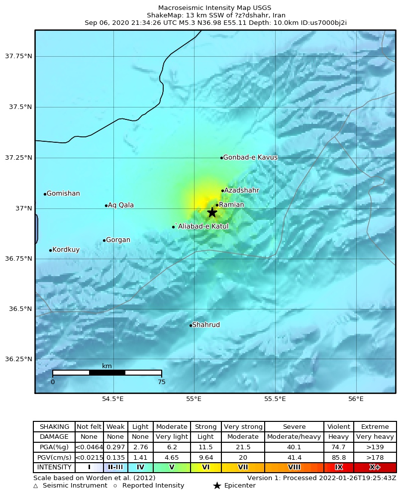 USGS ShakeMap intensity contours for the M5.3 earthquake near 13 km SSW of ?z?dshahr, Iran