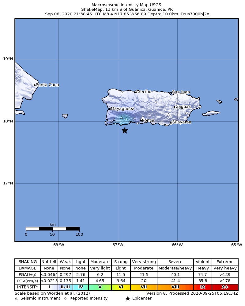 USGS ShakeMap intensity contours for the M3.5 earthquake near 5 km S of Guánica, Puerto Rico
