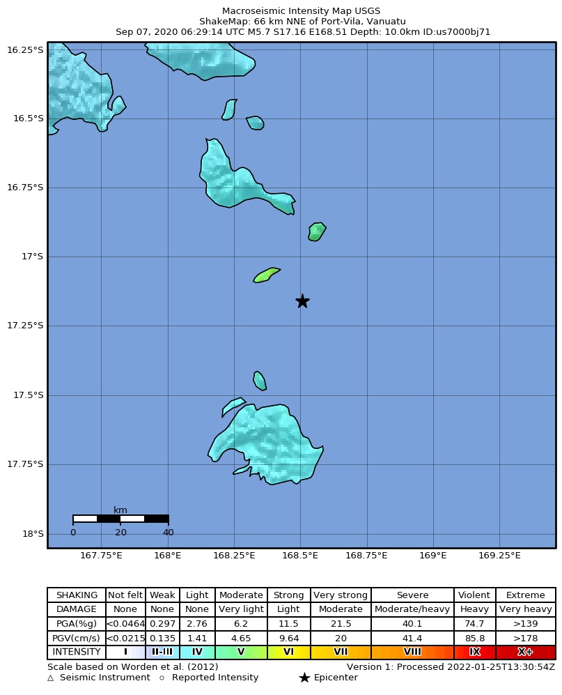 USGS ShakeMap intensity contours for the M5.7 earthquake near 66 km NNE of Port-Vila, Vanuatu