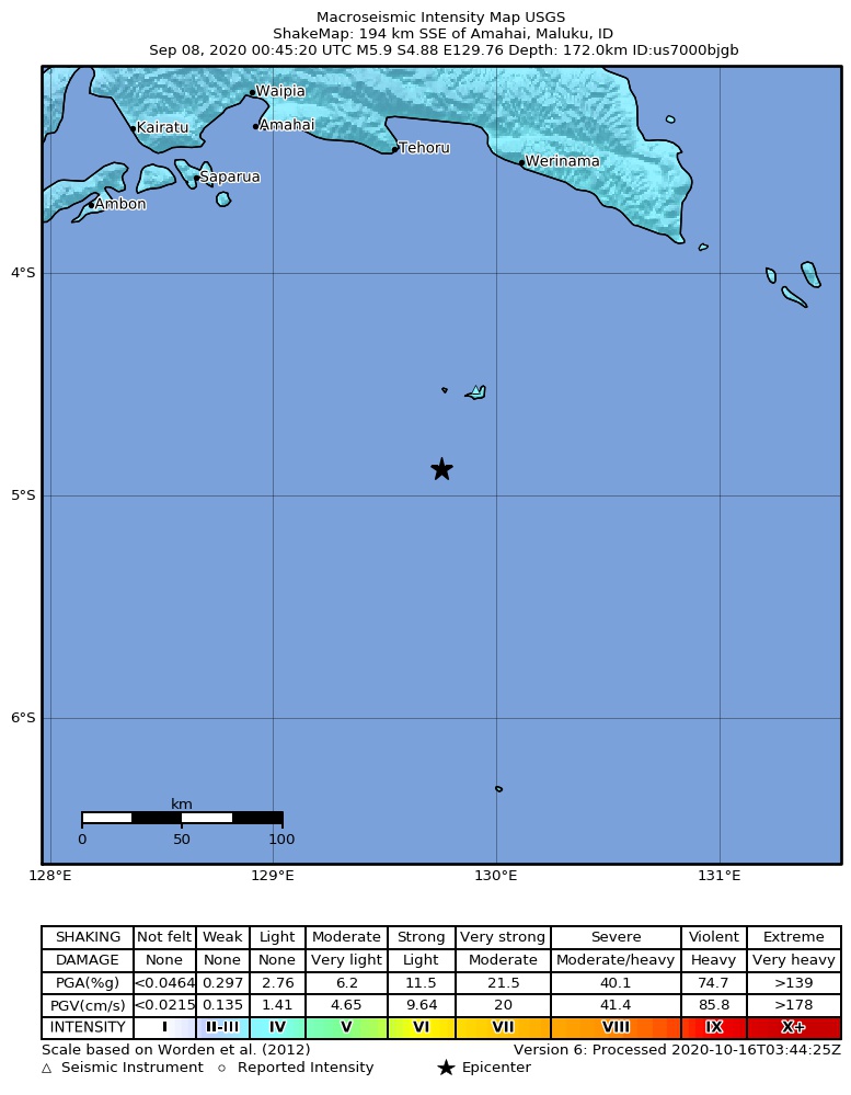 USGS ShakeMap intensity contours for the M5.9 earthquake near 193 km SSE of Amahai, Indonesia