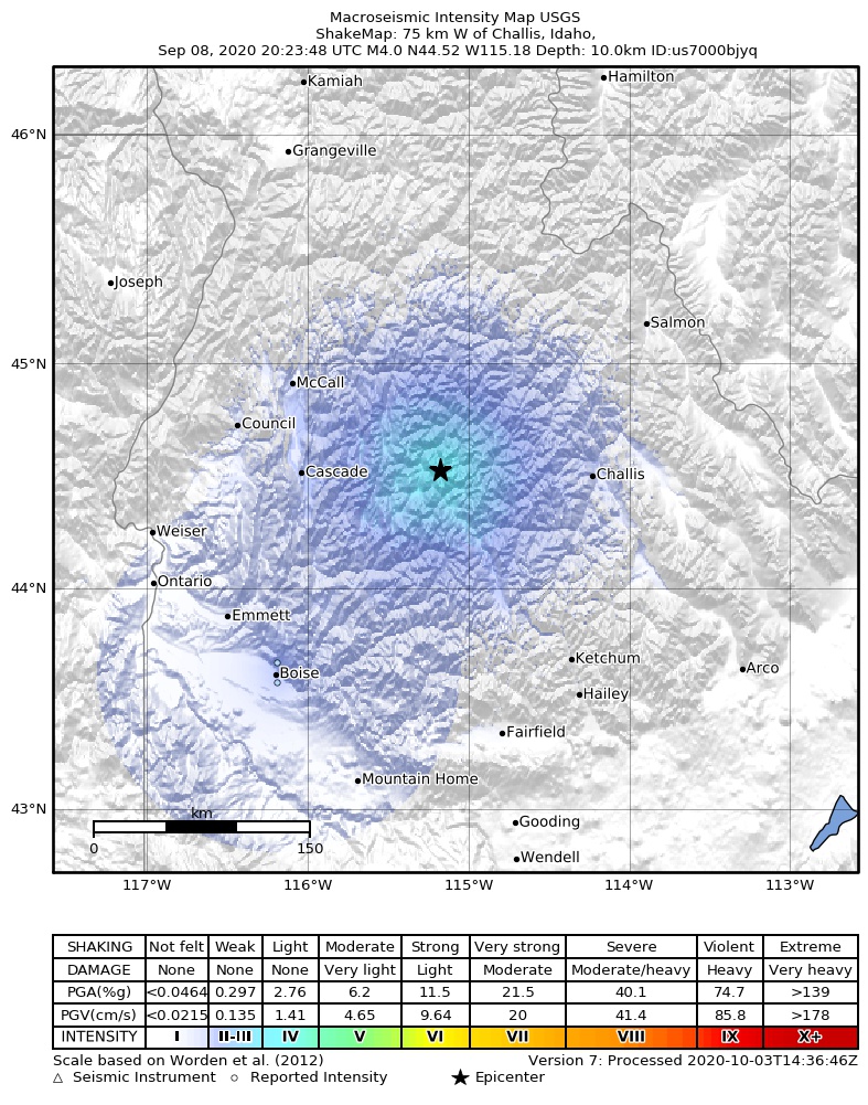 USGS ShakeMap intensity contours for the M4.0 earthquake near 39 km NNW of Stanley, Idaho
