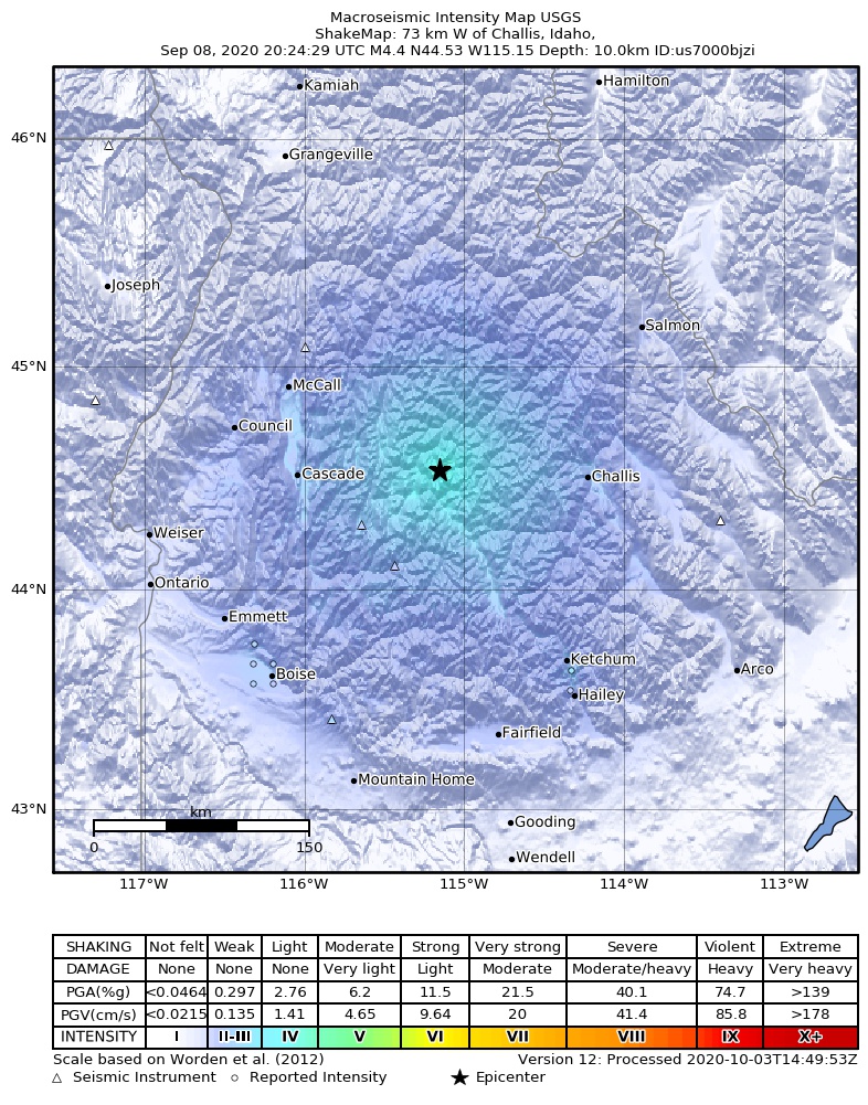 USGS ShakeMap intensity contours for the M4.4 earthquake near 39 km NNW of Stanley, Idaho