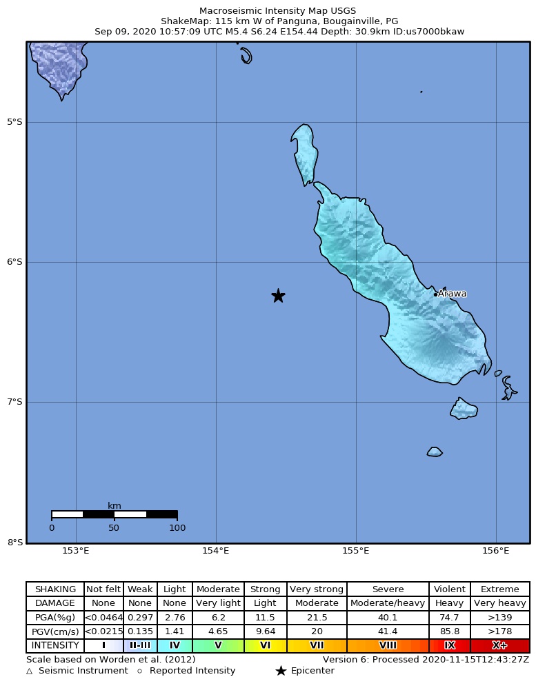 USGS ShakeMap intensity contours for the M5.4 earthquake near 115 km W of Panguna, Papua New Guinea