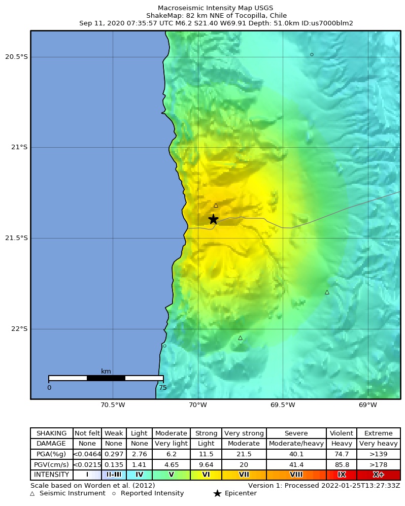 USGS ShakeMap: estimated shaking intensity around the epicenter
