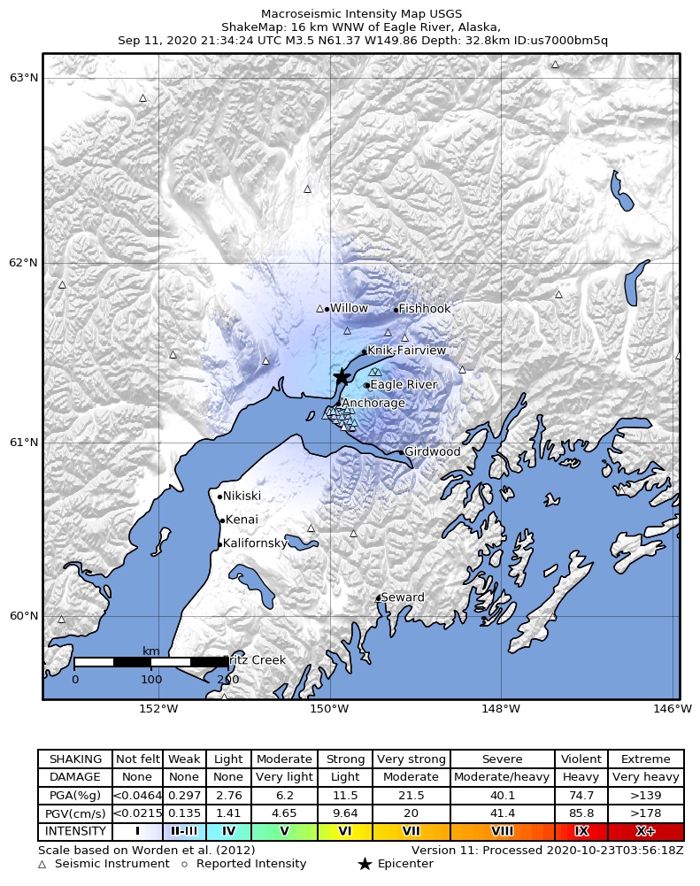USGS ShakeMap: estimated shaking intensity around the epicenter