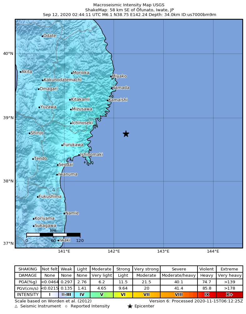 USGS ShakeMap intensity contours for the M6.1 earthquake near 58 km SE of ?funato, Japan