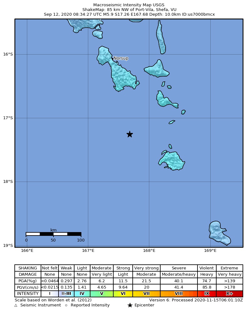 USGS ShakeMap intensity contours for the M5.9 earthquake near 85 km NW of Port-Vila, Vanuatu