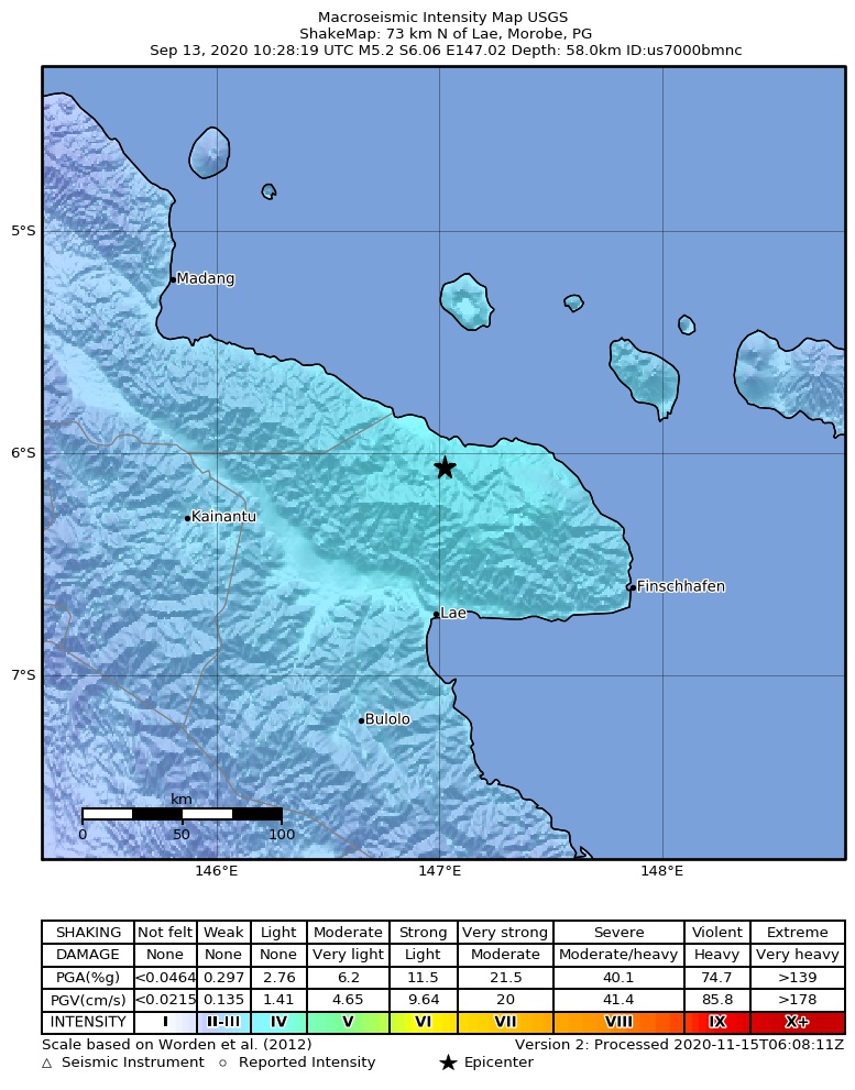USGS ShakeMap intensity contours for the M5.2 earthquake near 73 km N of Lae, Papua New Guinea