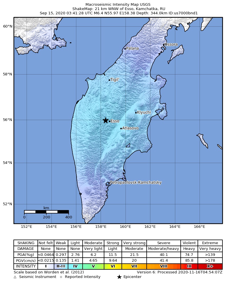 USGS ShakeMap intensity contours for the M6.4 earthquake near 21 km WNW of Esso, Russia