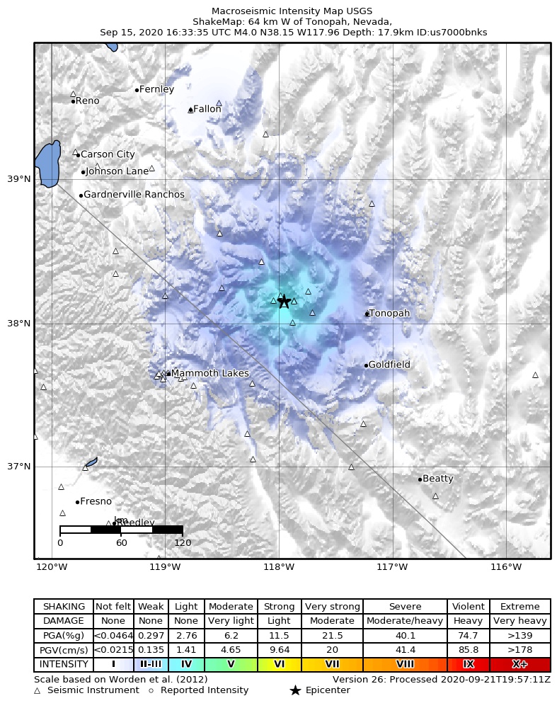 USGS ShakeMap: estimated shaking intensity around the epicenter
