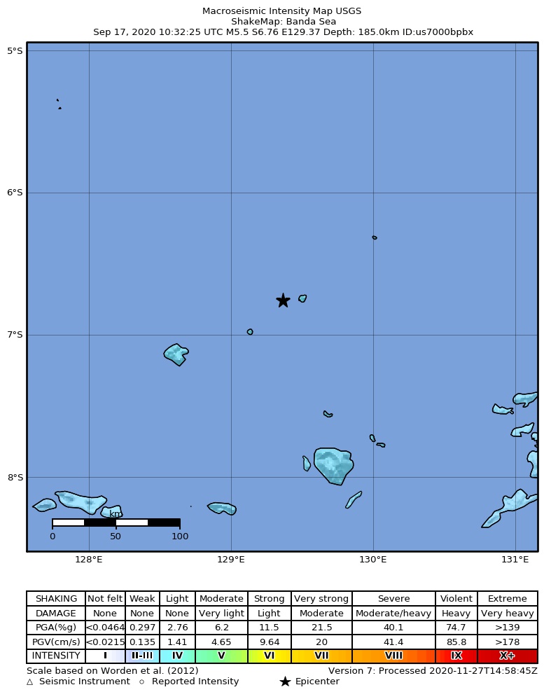 USGS ShakeMap intensity contours for the M5.5 earthquake near Banda Sea