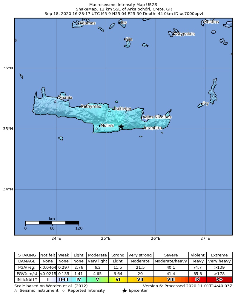 USGS ShakeMap intensity contours for the M5.9 earthquake near 12 km SSE of Arkalochóri, Greece
