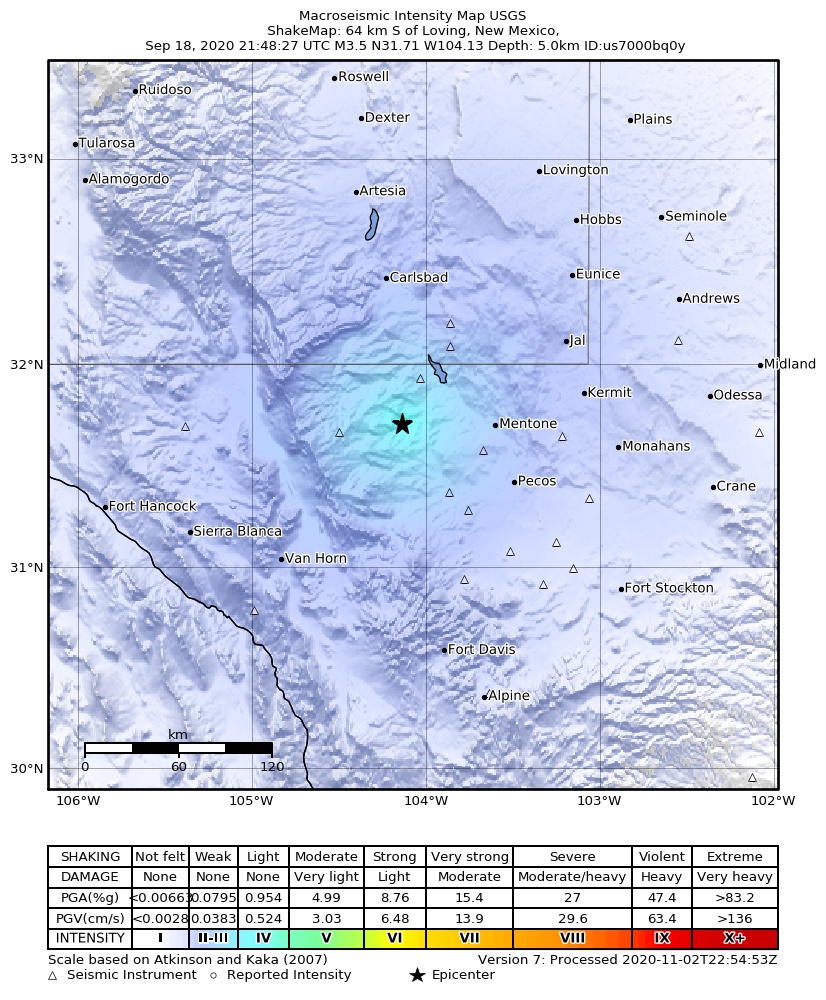 USGS ShakeMap: estimated shaking intensity around the epicenter