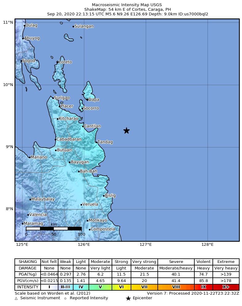 USGS ShakeMap intensity contours for the M5.6 earthquake near 54 km E of Cortes, Philippines