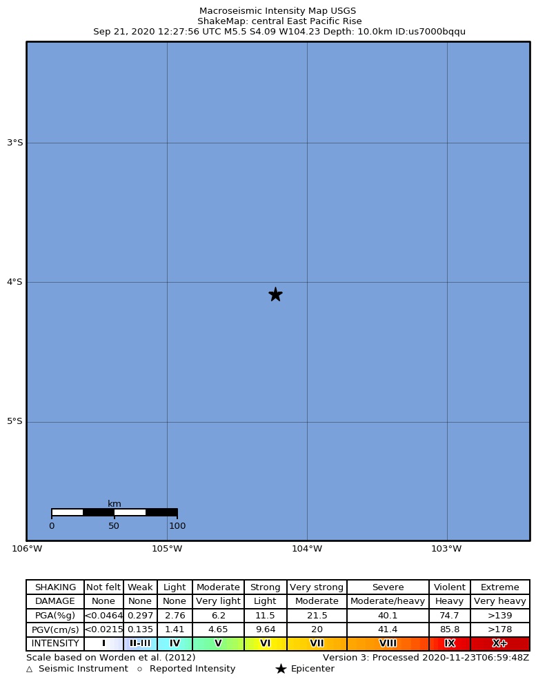 USGS ShakeMap intensity contours for the M5.5 earthquake near central East Pacific Rise