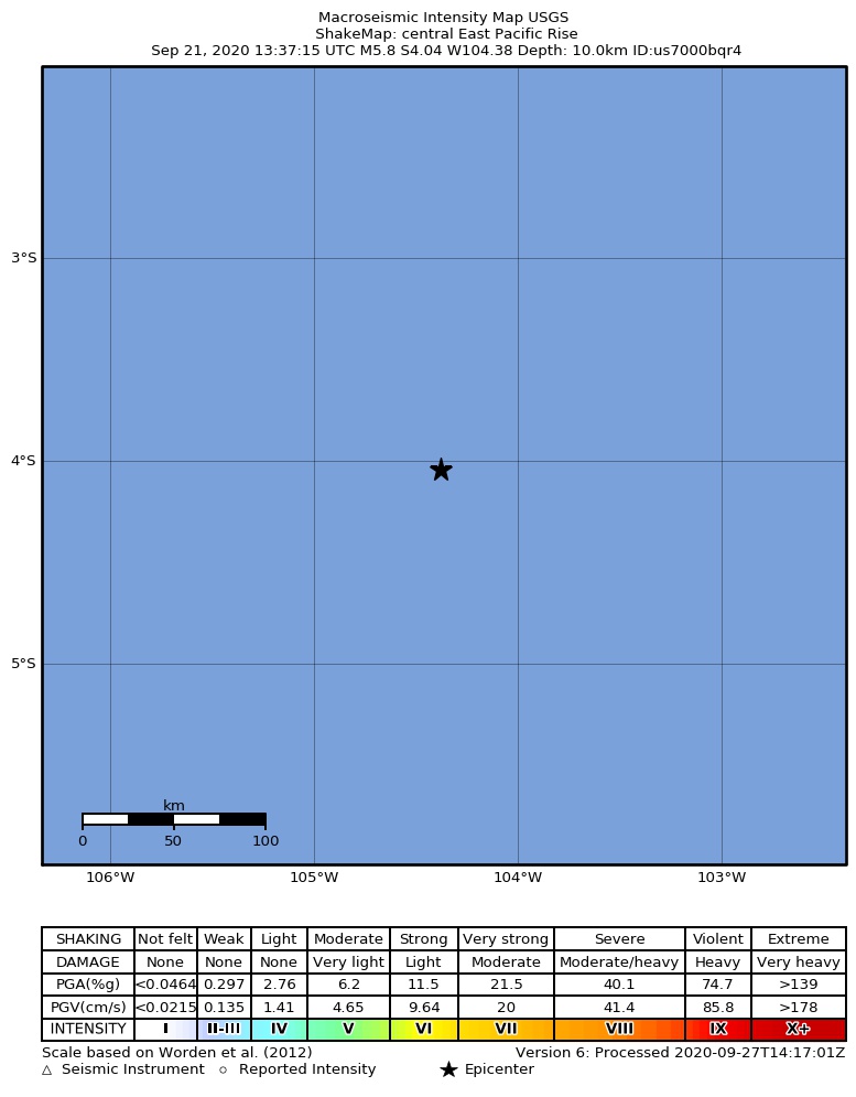 USGS ShakeMap intensity contours for the M5.8 earthquake near central East Pacific Rise