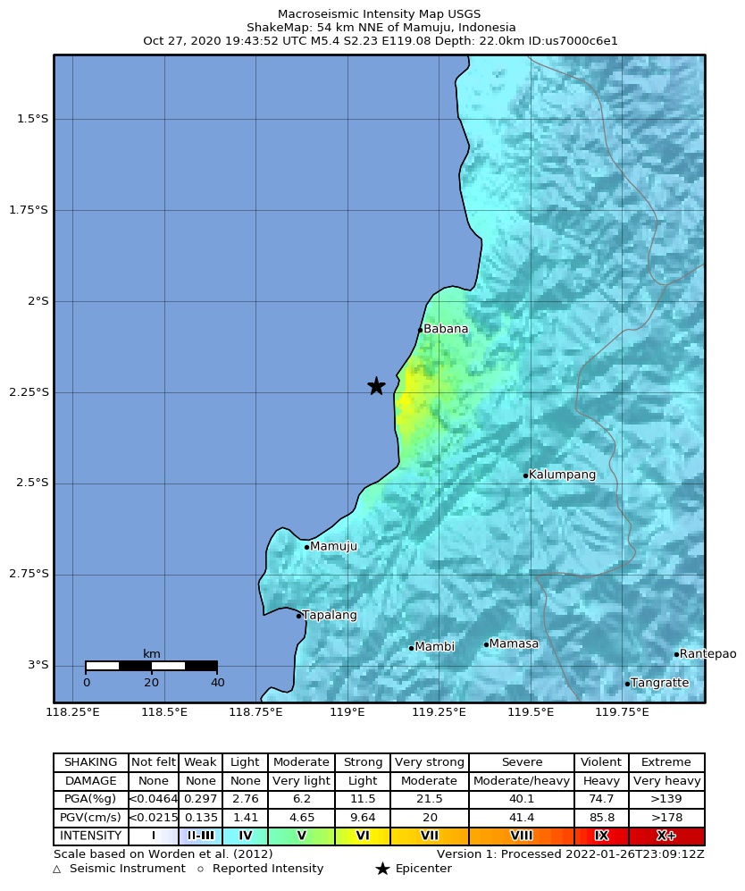 USGS ShakeMap intensity contours for the M5.4 earthquake near 54 km NNE of Mamuju, Indonesia