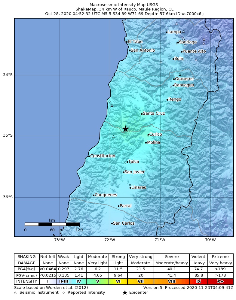 USGS ShakeMap intensity contours for the M5.5 earthquake near 34 km W of Rauco, Chile