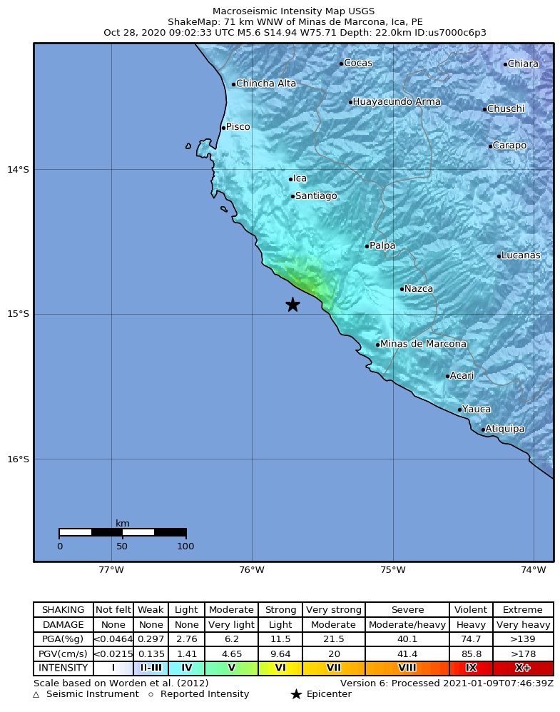 USGS ShakeMap intensity contours for the M5.6 earthquake near 60 km WSW of Changuillo, Peru