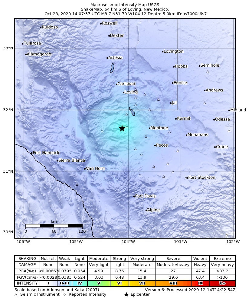 USGS ShakeMap: estimated shaking intensity around the epicenter