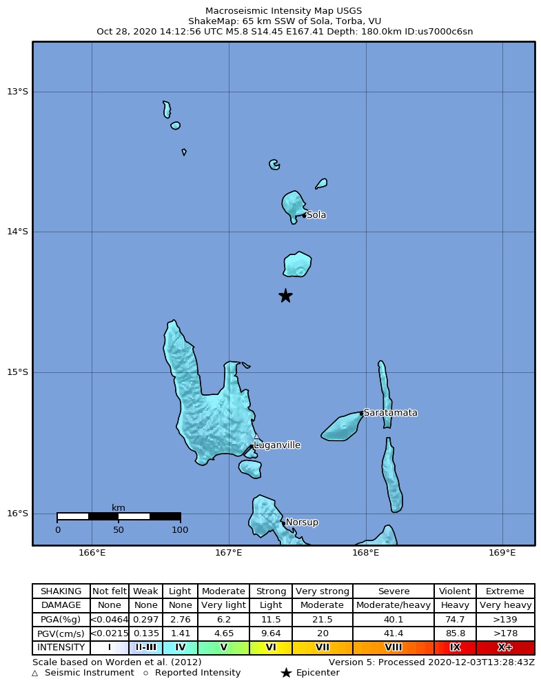 USGS ShakeMap intensity contours for the M5.8 earthquake near 65 km SSW of Sola, Vanuatu