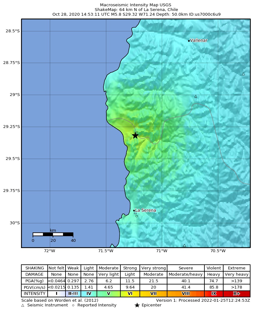 USGS ShakeMap: estimated shaking intensity around the epicenter