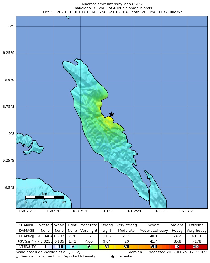 USGS ShakeMap intensity contours for the M5.5 earthquake near 38 km E of Auki, Solomon Islands