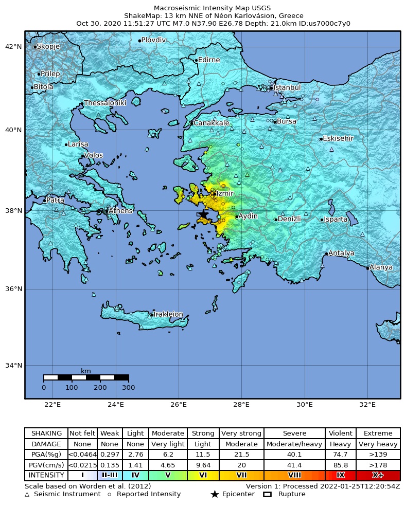 USGS ShakeMap intensity contours for the M7.0 earthquake near 13 km NNE of Néon Karlovásion, Greece