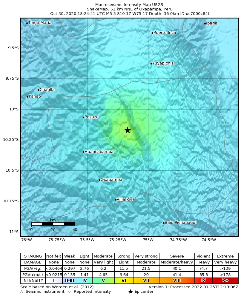 USGS ShakeMap intensity contours for the M5.5 earthquake near 51 km NNE of Oxapampa, Peru